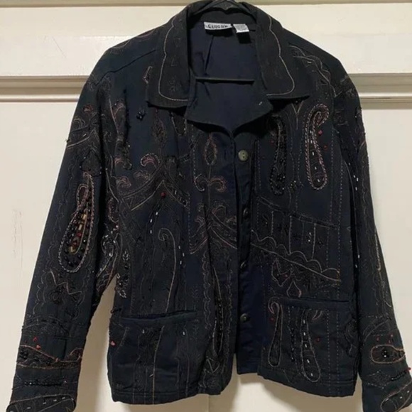 Chico's Design Black Denim Embellished Trucker Jacket sz XL - Picture 1 of 14